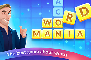 Hymyskäinen mies näyttää peukkua värikkään laatikkotaustan edessä, jossa lukee WORD MANIA
