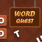Ruskealla taustalla näkyy kyltti, jossa lukee WORD QUEST, ja sen vieressä on erillisiä kirjaimia neliöissä