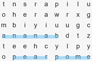 Kirjainsokkelo, jossa sanat banana, pear ja pome on korostettu sinisellä