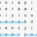 Kirjainsokkelo, jossa sanat banana, pear ja pome on korostettu sinisellä