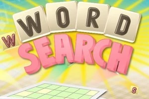 Kirjaimet muodostavat sanat WORD SEARCH värikkäällä ja säteilevällä taustalla, alareunassa on ruudukko