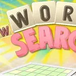 Kirjaimet muodostavat sanat WORD SEARCH värikkäällä ja säteilevällä taustalla, alareunassa on ruudukko