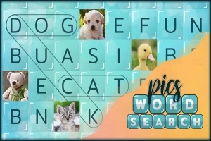 Kirjainruudukko, joka sisältää eläinten kuvia, kuten koiranpentu, ankka, nalle ja kissa, sekä sanat DOG ja CAT korostettuna