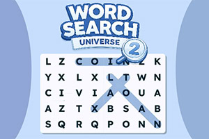 Word Search Adventure 2 -logo sinisellä taustalla, sanaruudukko ja suurennuslasi