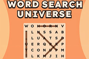 Oranssi ruudukko, jossa on teksti WORD SEARCH UNIVERSE ja sanaruudukossa yhdistettyjä kirjaimia