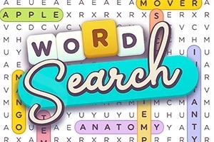 Värikkäitä sanoja ympyröity ruudukko, jossa keskellä teksti Word Search
