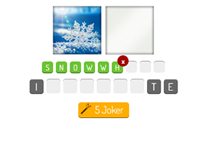 Lumihiutalevalokuva, kirjaimia vihreillä ja harmailla neliöillä sekä 5 Joker -nappi
