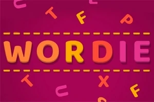 Vaaleanpunaisella taustalla värikkäät kirjaimet muodostavat sanan WORDIE, ympärillä hajallaan muita kirjaimia