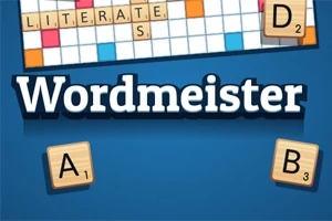 Pelin nimessä Wordmeister näkyy kirjaimia sisältävä pelilauta ja puisia kirjainlaattoja sinisellä taustalla