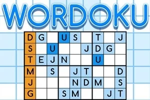 Ruudukko, jossa on kirjaimia ja sinisellä korostettuja soluja, ylhäällä lukee WORDOKU