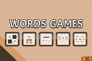 Ruskealla taustalla on viisi neliöikonia ja suuri otsikko WORDS GAMES