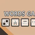 Ruskealla taustalla on viisi neliöikonia ja suuri otsikko WORDS GAMES
