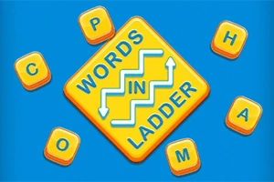 Sinisellä taustalla keltaisia kirjainlaattoja ja keskellä teksti WORDS IN LADDER keltaisessa laatikossa, jossa on valkoisia nuolia