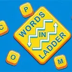 Sinisellä taustalla keltaisia kirjainlaattoja ja keskellä teksti WORDS IN LADDER keltaisessa laatikossa, jossa on valkoisia nuolia