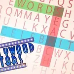 Taustalla on kirjaimia satunnaisesti sijoitettuina ja etualalla sana Hollywood Stars sinisellä ja valkoisella tekstillä, sekä korostetut sanat WORDS, SEA, ja CELEBRITY värillisillä taustoilla