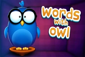 Sininen pöllö, jolla on suuret silmälasit, istuu alustalla, ja sen vieressä on teksti Words with Owl