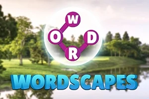 Vihreä metsämaisema järven rannalla, keskellä vaalea ympyrä, jossa violetit kirjaimet yhdistyvät toisiinsa, ja alla sana WORDSCAPES sinisellä tekstillä