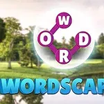Vihreä metsämaisema järven rannalla, keskellä vaalea ympyrä, jossa violetit kirjaimet yhdistyvät toisiinsa, ja alla sana WORDSCAPES sinisellä tekstillä