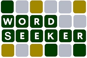 Sanaristikko, jossa on teksti WORD SEEKER tummanvihreissä ruuduissa harmaata ja kullankeltaista taustaa vasten