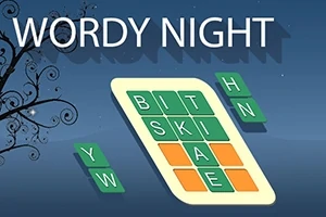 Kuvassa on WORDY NIGHT -teksti, laattapeli vihreillä ja oransseilla kirjaimilla sekä koristeellinen musta kasviaihe vasemmassa reunassa