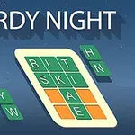 Kuvassa on WORDY NIGHT -teksti, laattapeli vihreillä ja oransseilla kirjaimilla sekä koristeellinen musta kasviaihe vasemmassa reunassa