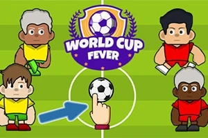 Neljä sarjakuvamaista jalkapalloilijaa seisoo kentällä, joissa keskellä jalkapallo ja niiden yläpuolella teksti WORLD CUP FEVER