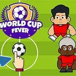 Neljä sarjakuvamaista jalkapalloilijaa seisoo kentällä, joissa keskellä jalkapallo ja niiden yläpuolella teksti WORLD CUP FEVER