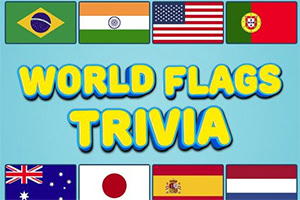 Maailman lippuja ja teksti World Flags Trivia sinisellä taustalla