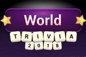 Violetti tausta, jossa lukee World Trivia 2018 valkoisilla kirjaimilla, ja joka on koristeltu kultaisilla tähdillä