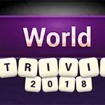 Violetti tausta, jossa lukee World Trivia 2018 valkoisilla kirjaimilla, ja joka on koristeltu kultaisilla tähdillä
