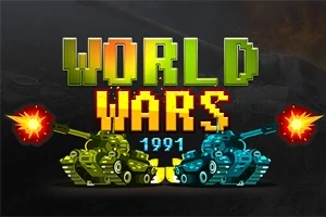 Kuvassa on kaksi vastakkain olevaa tankkia, toinen vihreä ja toinen sininen, joiden tykit ampuvat, sekä värikäs teksti World Wars 1991 yläpuolella