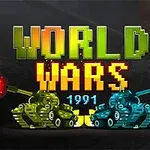 Kuvassa on kaksi vastakkain olevaa tankkia, toinen vihreä ja toinen sininen, joiden tykit ampuvat, sekä värikäs teksti World Wars 1991 yläpuolella