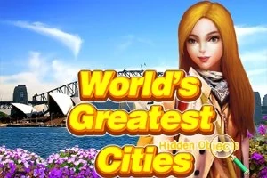 Nuori nainen poseeraa sataman edessä, taustalla näkyy silta ja oopperatalo, etualalla värikkäitä kukkia ja teksti Worlds Greatest Cities