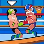 Kaksi animoitua painijaa taistelee värikkäästi katsomon edessä