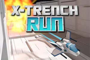 Kolmiulotteinen avaruusalus lentää valkoisessa tunnelissa, taustalla räjähdys, yläpuolella teksti X-TRENCH RUN