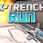 Kolmiulotteinen avaruusalus lentää valkoisessa tunnelissa, taustalla räjähdys, yläpuolella teksti X-TRENCH RUN