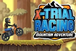 Moottoripyöräilijä ajaa metsäisessä maastossa, ja kuvassa on teksti X-Trial Racing Mountain Adventure