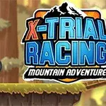 Moottoripyöräilijä ajaa metsäisessä maastossa, ja kuvassa on teksti X-Trial Racing Mountain Adventure