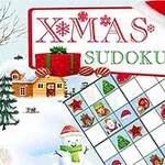 Jouluteemainen kuva, jossa on luminen maisema, lumiukko, talo ja joulukuvioitu sudoku-peli