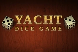 Tekstissä lukee YACHT DICE GAME kultaisin kirjaimin, ja sen vieressä on kaksi noppaa puupintaisella taustalla