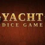 Tekstissä lukee YACHT DICE GAME kultaisin kirjaimin, ja sen vieressä on kaksi noppaa puupintaisella taustalla