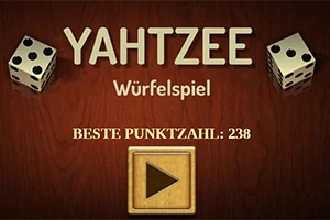 Kaksi noppaa puiseen taustaan, jossa lukee YAHTZEE Würfelspiel ja alla kultainen toistopainike