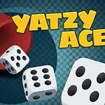 Punainen nopanheittokuppi kaatuneena vieressä kolme noppaa ja teksti Yatzy Aces