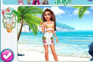 Nuori nainen seisoo hiekkarannalla aurinkoisena päivänä palmun ja kirkkaan sinisen meren äärellä, yllään vaalea toppi ja hame, jossa on ananas-kuvioita