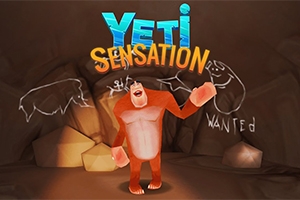 Oranssi lumiolento seisoo luolassa seinällä olevien piirrosten edessä, ja yläpuolella lukee teksti Yeti Sensation