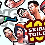 Robottihahmo aseella ja useita kelluvia ihmisten päitä tekstin Skibidi Toilets ympärillä