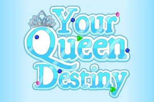 Sinisellä taustalla teksti Your Queen Destiny koristeellisella fontilla, tekstin päällä kruunu ja ympärillä pieniä värikkäitä jalokiviä