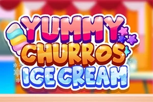 Värikäs karkkityylinen teksti ”Yummy Churros Ice Cream” koristeineen