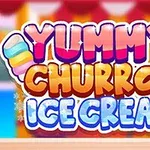 Värikäs karkkityylinen teksti ”Yummy Churros Ice Cream” koristeineen