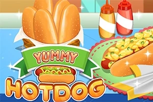 Piirroskuva hotdogista, jossa on teksti Yummy Hotdog, sekä sinappia ja ketsuppia taustalla